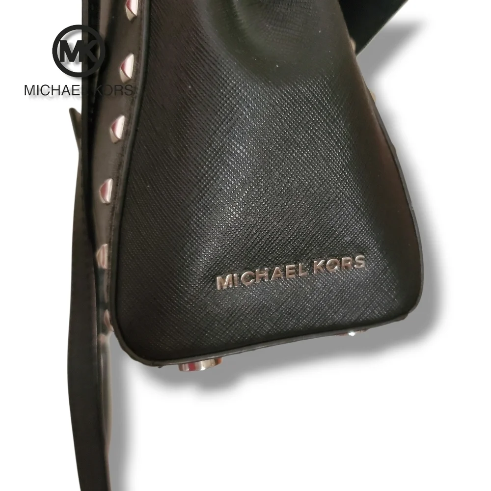 Michael KORS Black Saffiano Leather Top Handle Silver Studded Crossbody Satchel - Picture 12 of 17